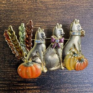 KC Gold Cat Trio Brooch Pumpkins Leaves AB Crystal Enamel Autumn Harvest